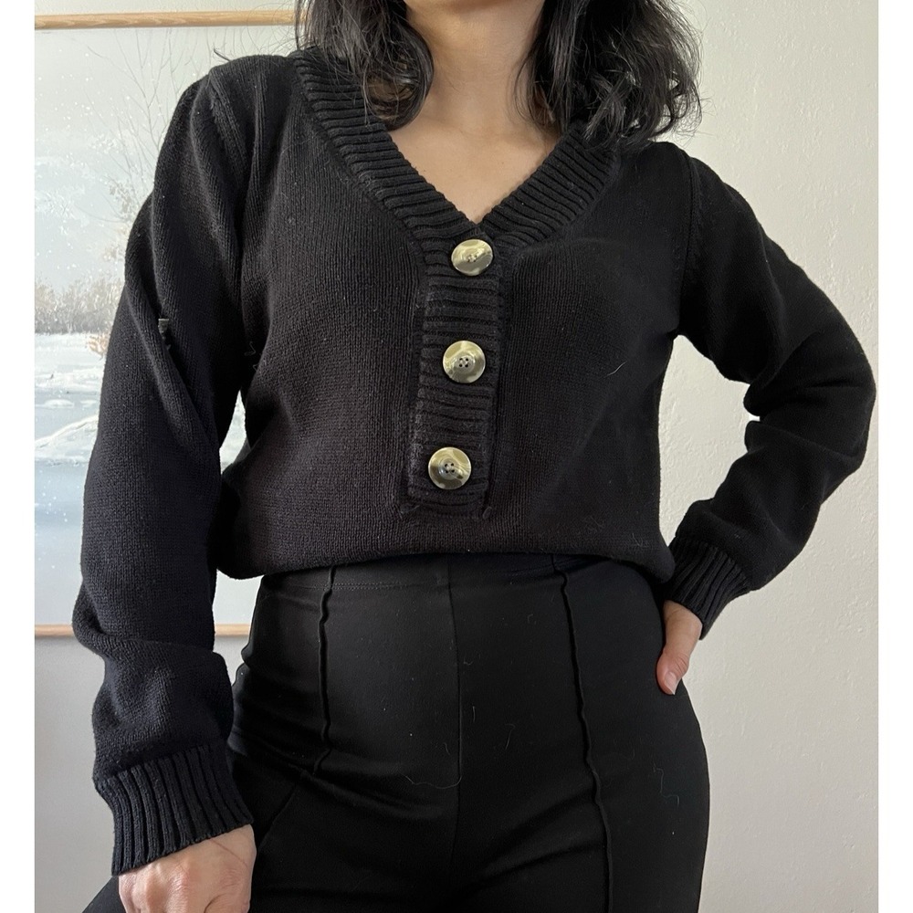 Vtg Liz Claiborne Sweater Womens Medium Half button Black Rib knit Coastal 90s